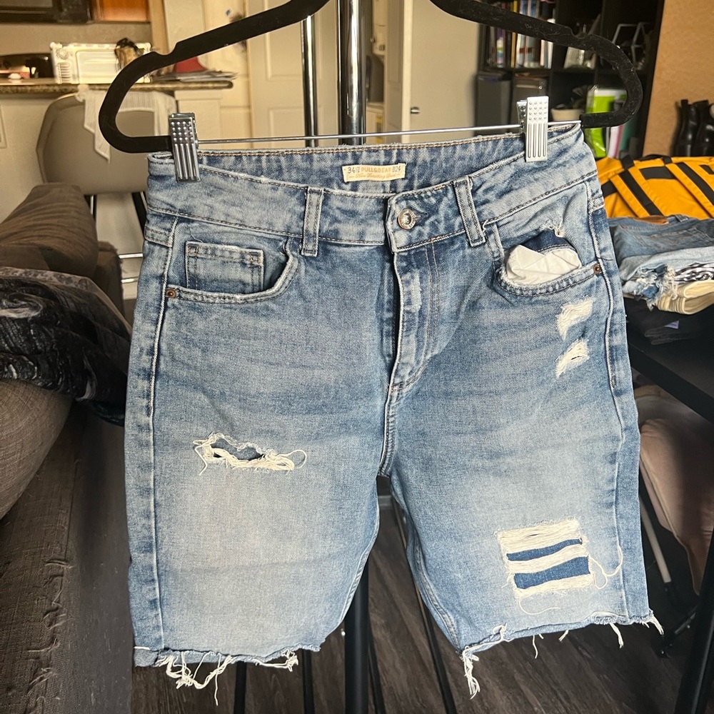 Pull & Bear Mid Length Denim Bermuda Cutoff Shorts, EU 34